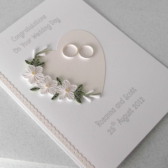 Personalised wedding day congratulations card with quilled flowers