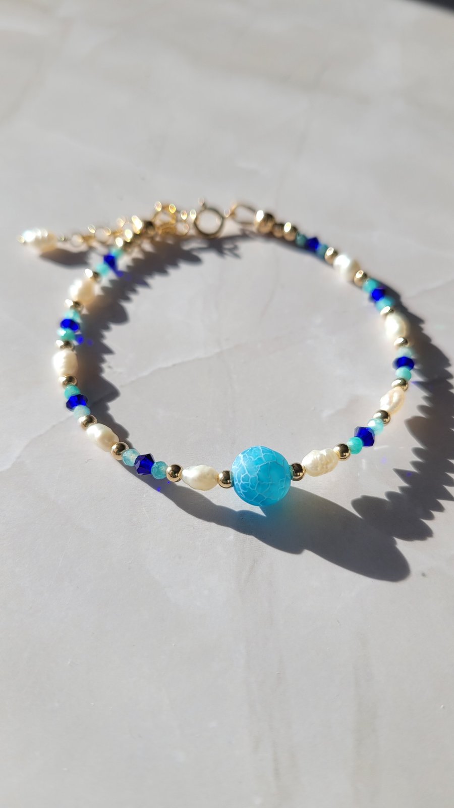 Blue Gemstone and Pearl Gold Filled Bracelet with Agate, Crystals, and Amazonite