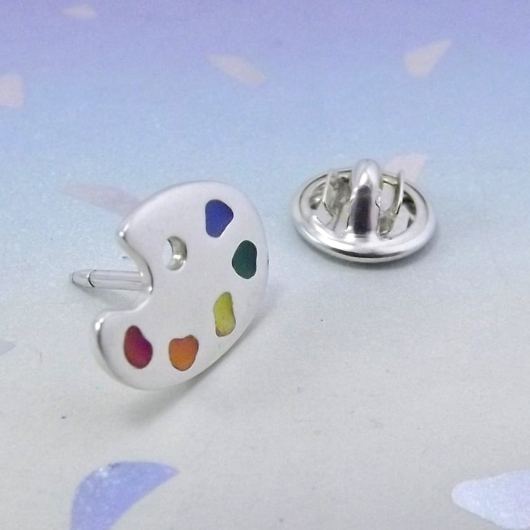 Painters palette lapel pin, badge, tie tack handmade from sterling silver