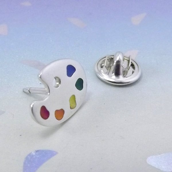 Painters palette lapel pin, badge, tie tack handmade from sterling silver