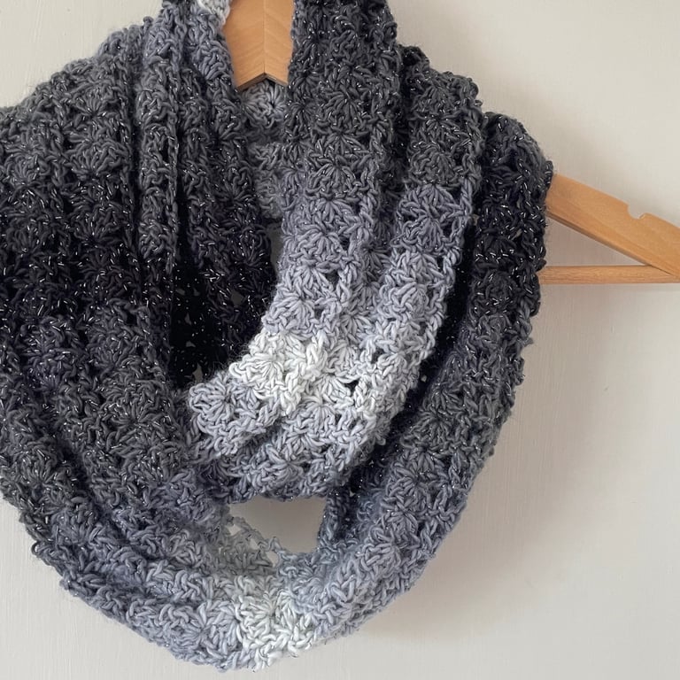 Monochrome Infinity Scarf - Handmade Crochet - Black Sparkly - Womens Scarves