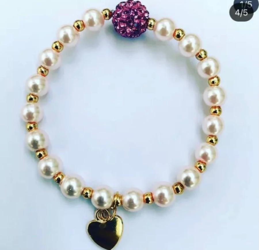 Pink shamballa beaded goldtone heart bracelet 