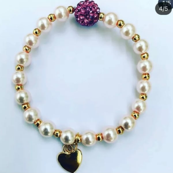 Pink shamballa beaded goldtone heart bracelet 