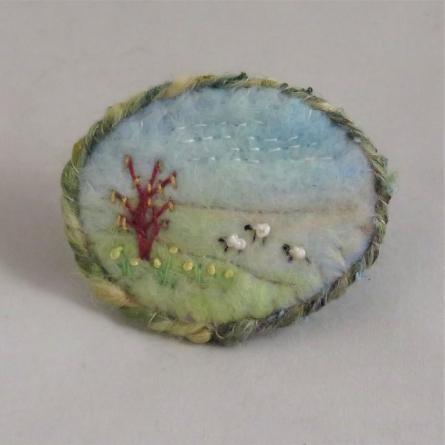 Daffodils and Sheep - Embroidered and felted spring brooch