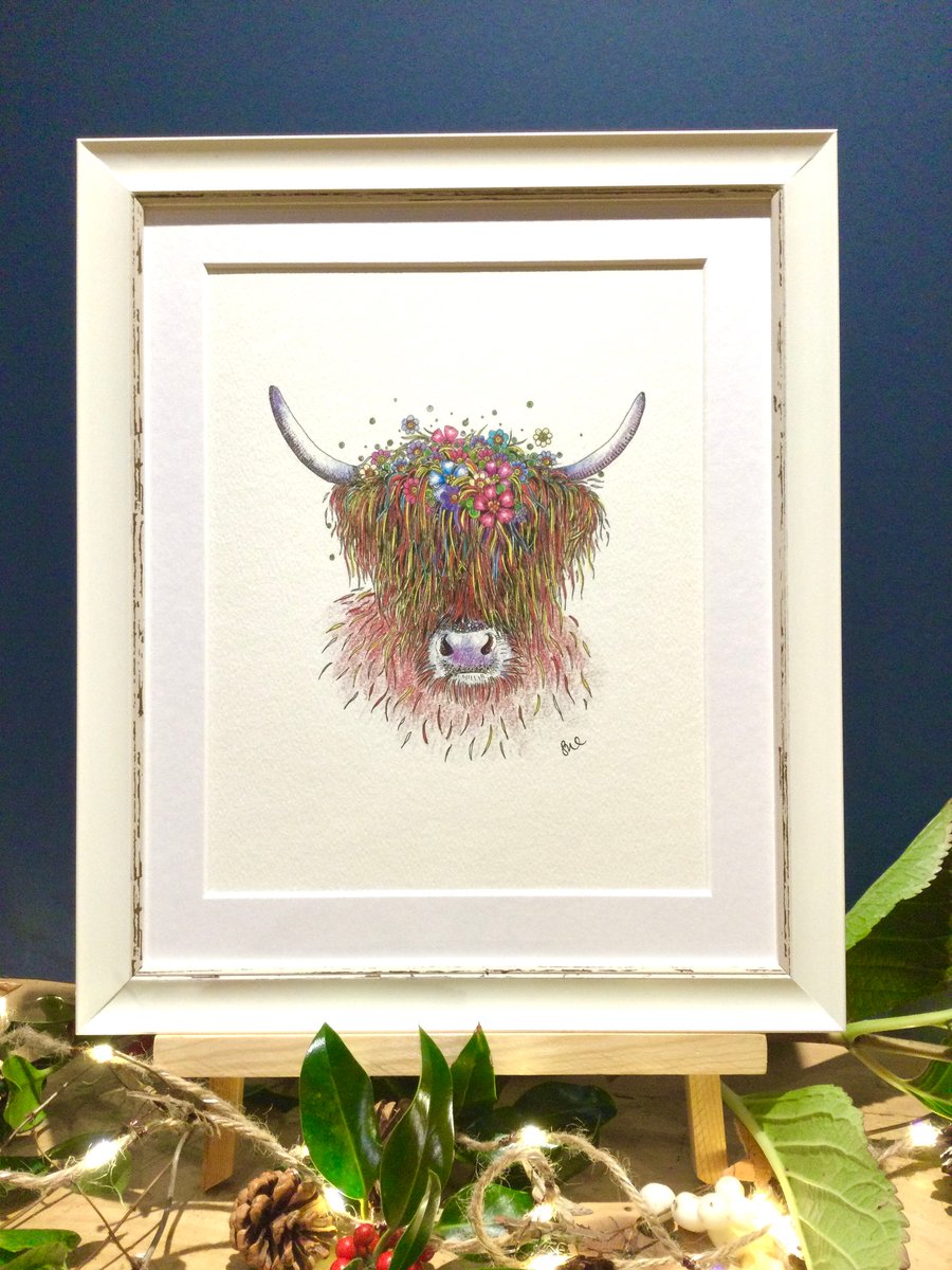 Framed Floral Highland Cow Art print 