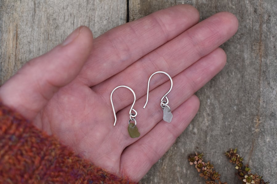 Scottish Sea Glass and Recycled Sterling Silver Everyday Earrings, Mismatched