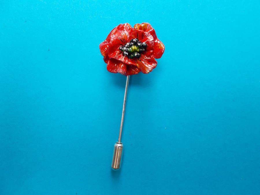 Small RED POPPY PIN Wedding Corsage Lapel Flower Pin Brooch HANDMADE HANDPAINTED