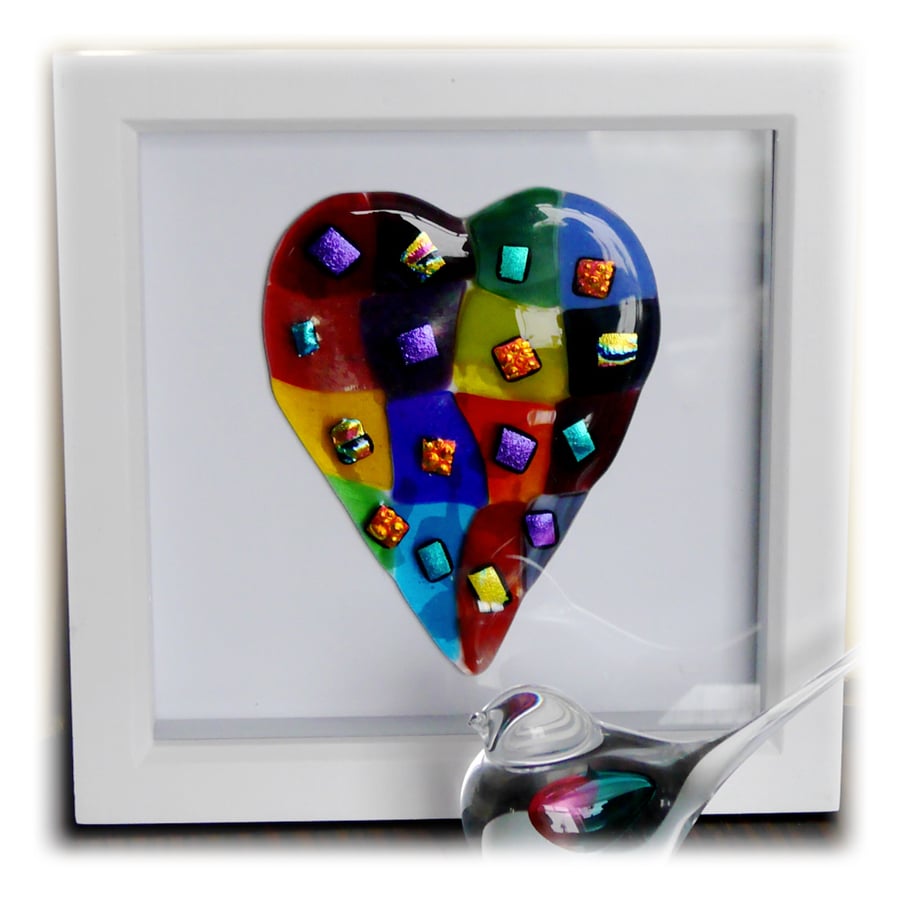 Rainbow Patchwork Heart in Box Frame Fused Glass Picture 003 