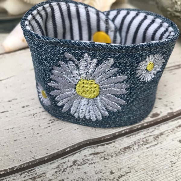 Daisy Cuff Denim Up Cycled Bracelet Embroidered made to order