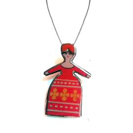 Folk Dark Coral or green Scandi Doll  resin Necklace by EllyMental Jewellery