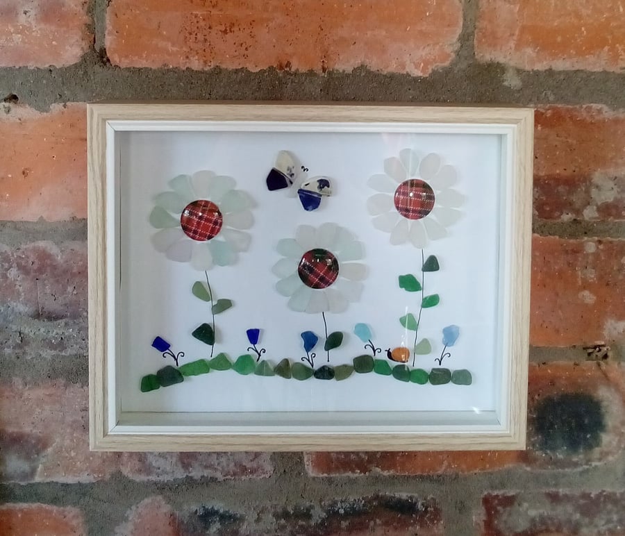 Framed seaglass flower meadow made from Scottish sea glass