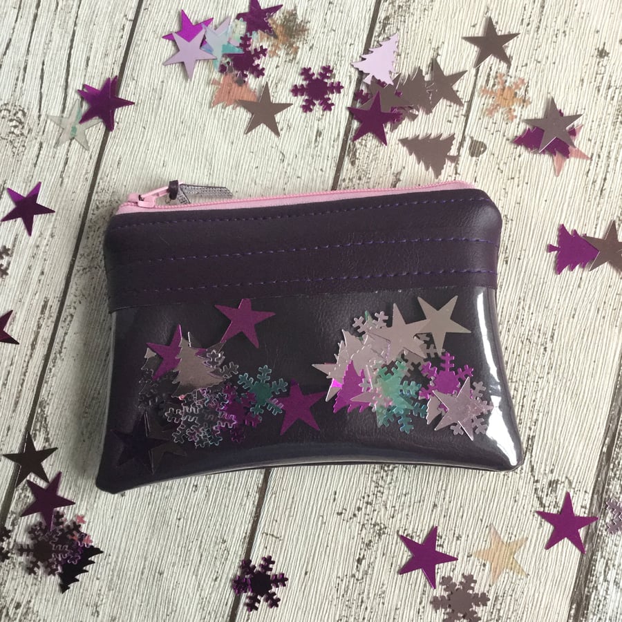 Purple Faux Leather Coin Purse with Clear Vinyl Front and Sparkly Table Confetti