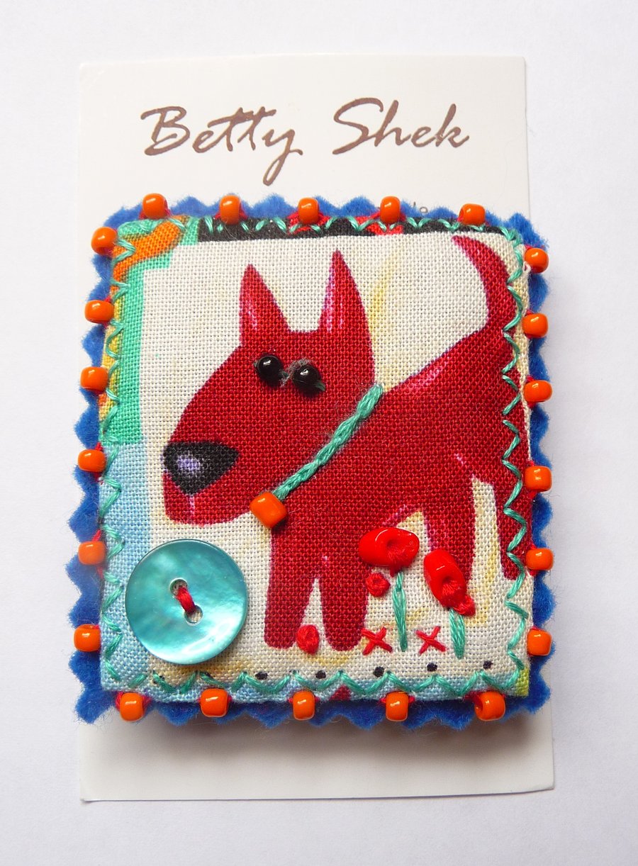 ON SALE - Vintage fabric with dog design printed textile handmade beaded brooch