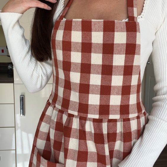Handmade Brown Gingham Cotton Apron