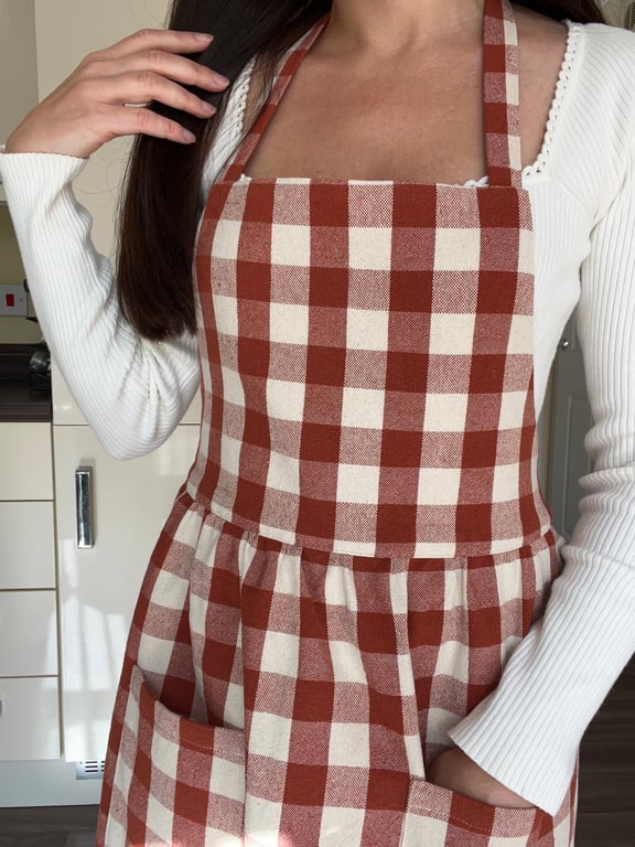 Handmade Brown Gingham Cotton Apron