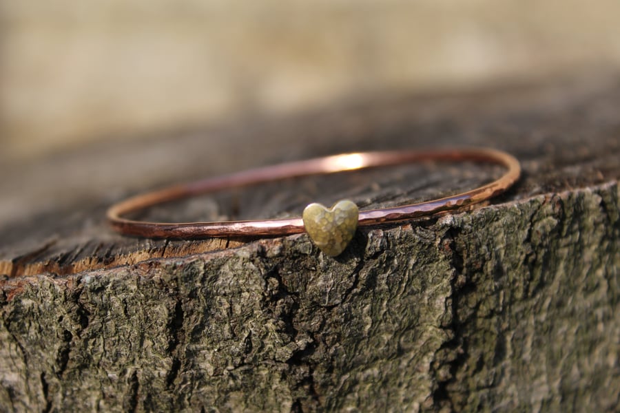 hammered copper bangle with brass gold heart, copper and brass bangle, 