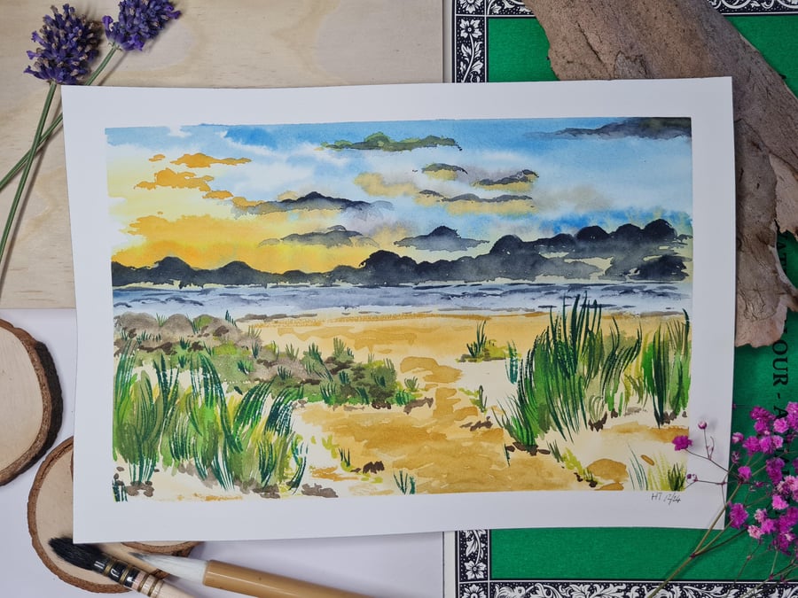 Stormy beach original watercolour painting, small coastal theme landscape