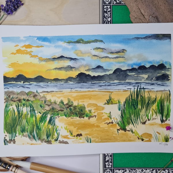 Stormy beach original watercolour painting, small coastal theme landscape