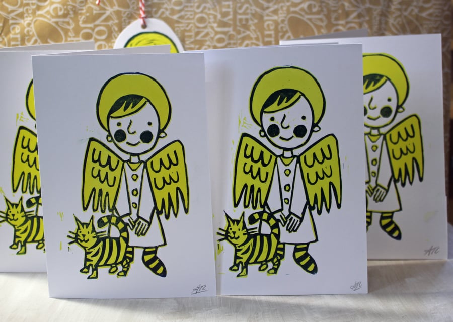 5 Nativity Angel and Cat Hand Printed Linocut Christmas Cards 