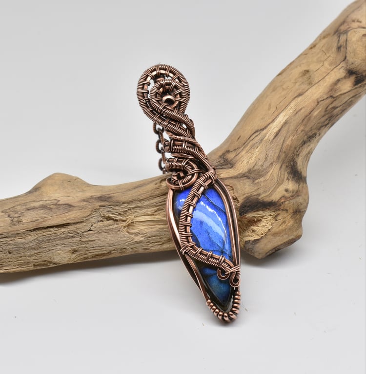 Wire Woven Blue Labradorite and Copper Heady Style Pendant