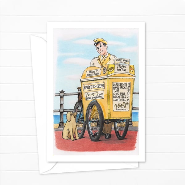 Seaside Greeting Card: Pencil Illustration of an Ice Cream Man and a Dog (810)