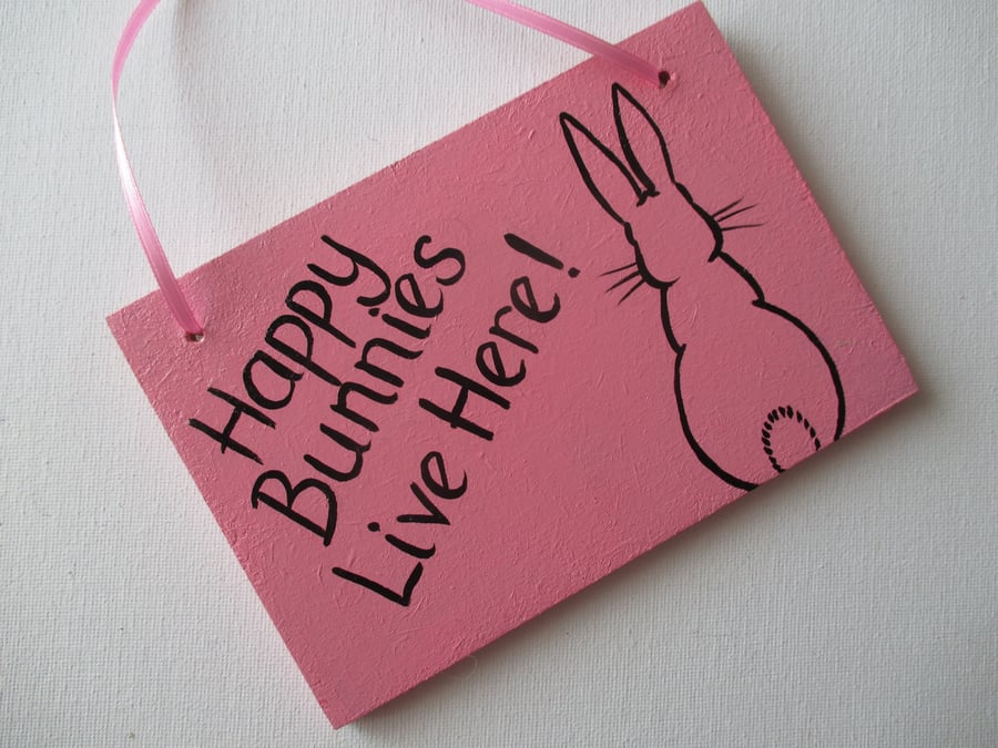 SALE Bunny Rabbit Plaque Hanging Decoration Picture Painting Sign Happy Bunnies 