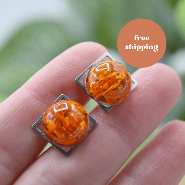 Orange Marigold Petal Square Resin Stud Earrings - Free Postage