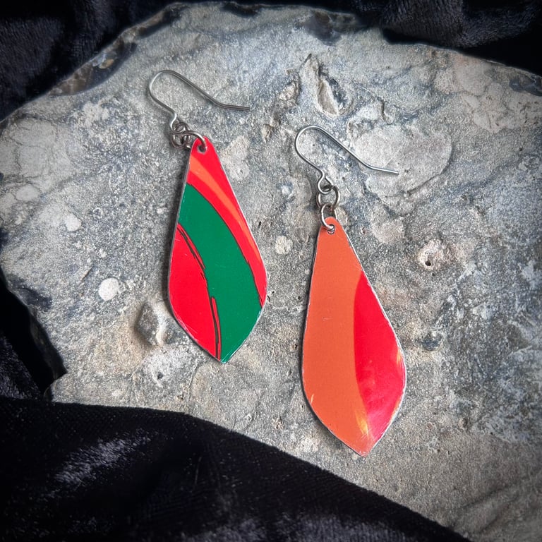 Bright Orange and Green Upcycled Tin Dangle Earrings