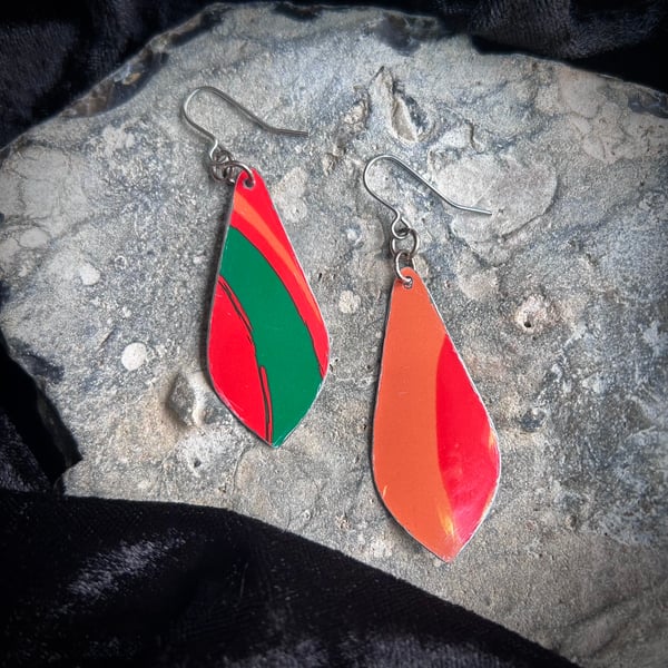 Bright Orange and Green Upcycled Tin Dangle Earrings