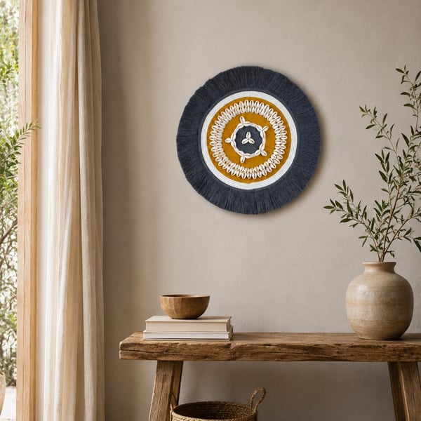 "Inyanga 1" - Yellow & Grey Shell Macrame Wall, Shelf & Console Table Decor
