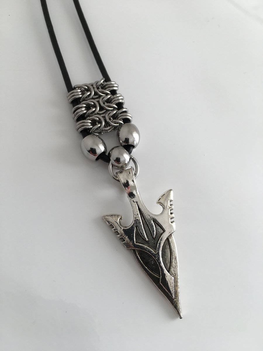 Mens  Necklace Pendant, Arrowhead Pendant adjustable Leather and Chainmaille