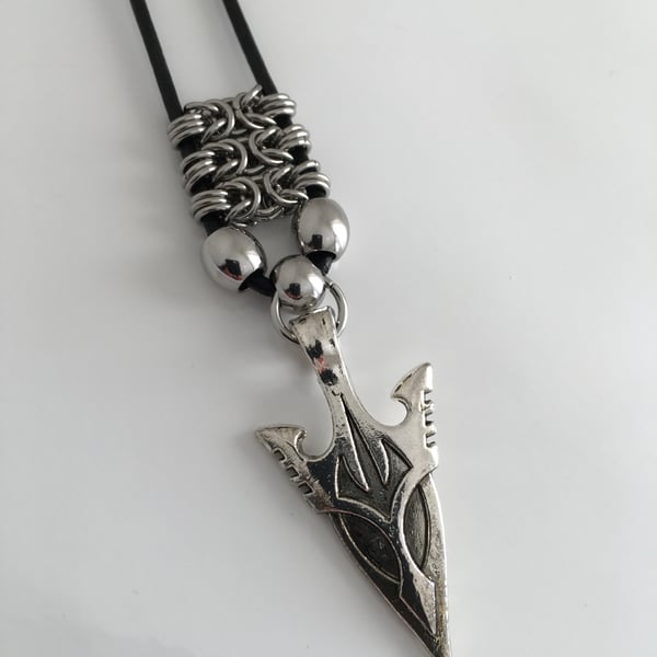 Mens  Necklace Pendant, Arrowhead Pendant adjustable Leather and Chainmaille