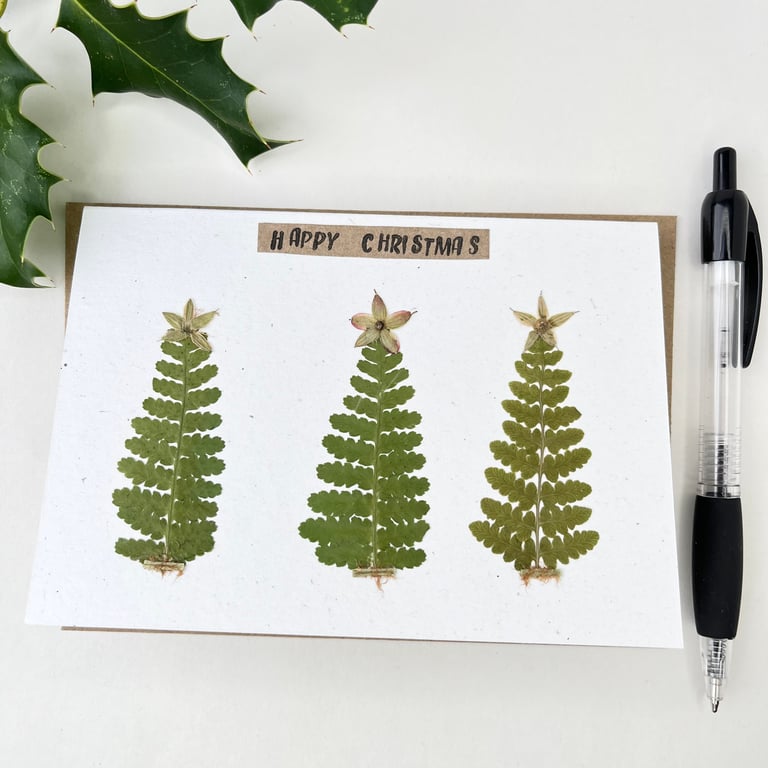 Handmade Real Pressed Ferns Trio of Christmas Trees Christmas Card