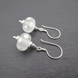 white frosted lampwork glass polka dot earrings