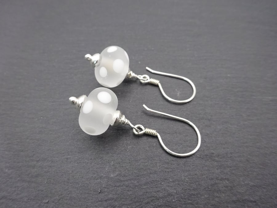 white frosted lampwork glass polka dot earrings