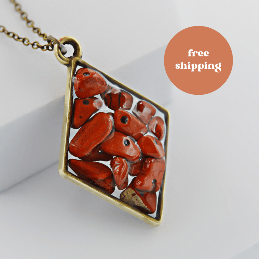 Red Jasper Brass plated Diamond Worry Stone Necklace - Free Postage