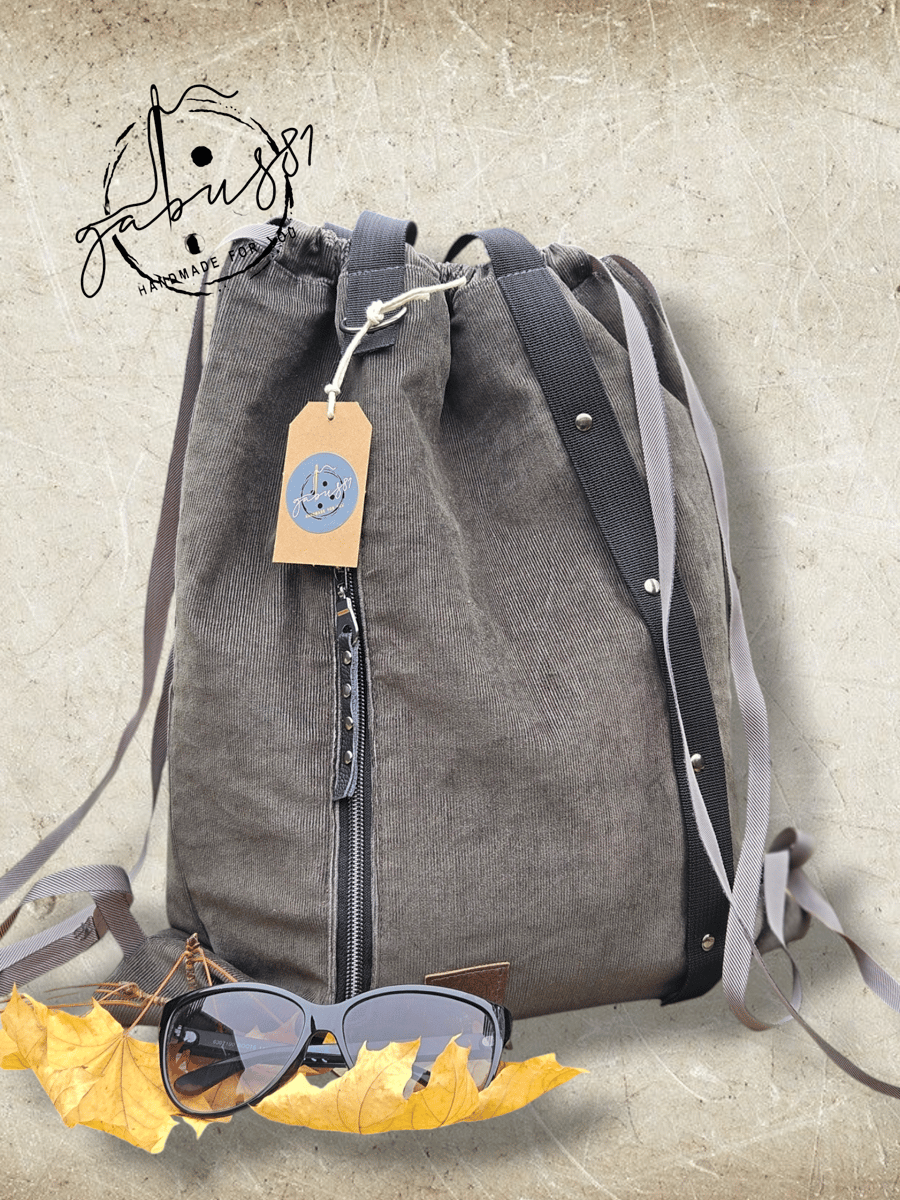 Drawstring backpack, Dark grey corduroy bag 