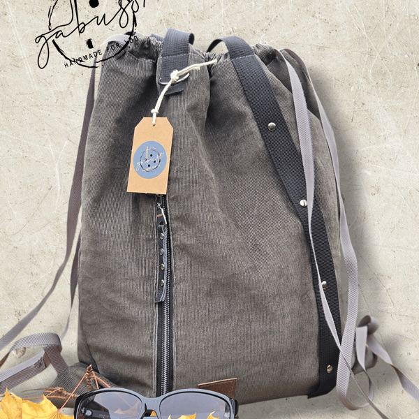 Drawstring backpack, Dark grey corduroy bag 