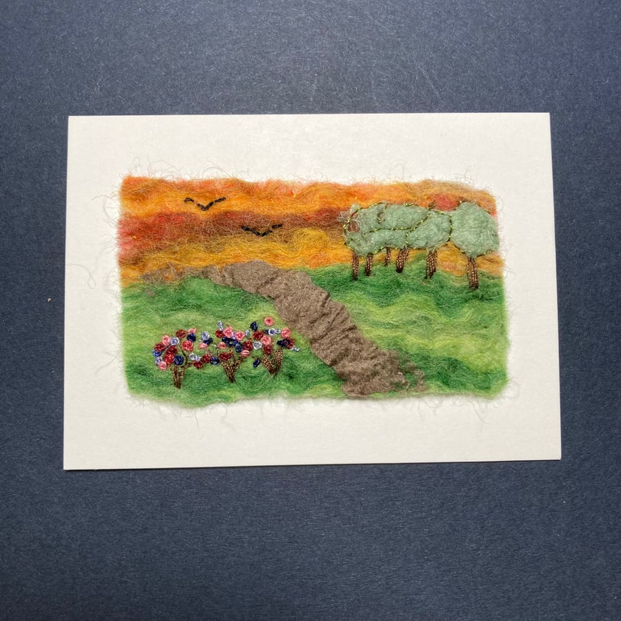 ACEO, miniature felted picture - fields in the sunset (21)