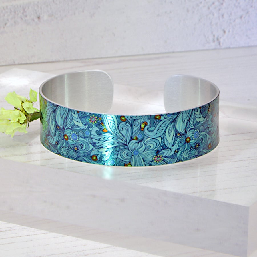 Teal cuff bracelet, personalised metal bangle with floral design. (137)