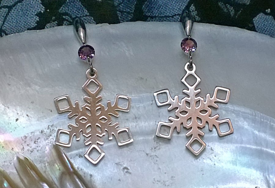 Snowflake Earrings with Purple Crystals