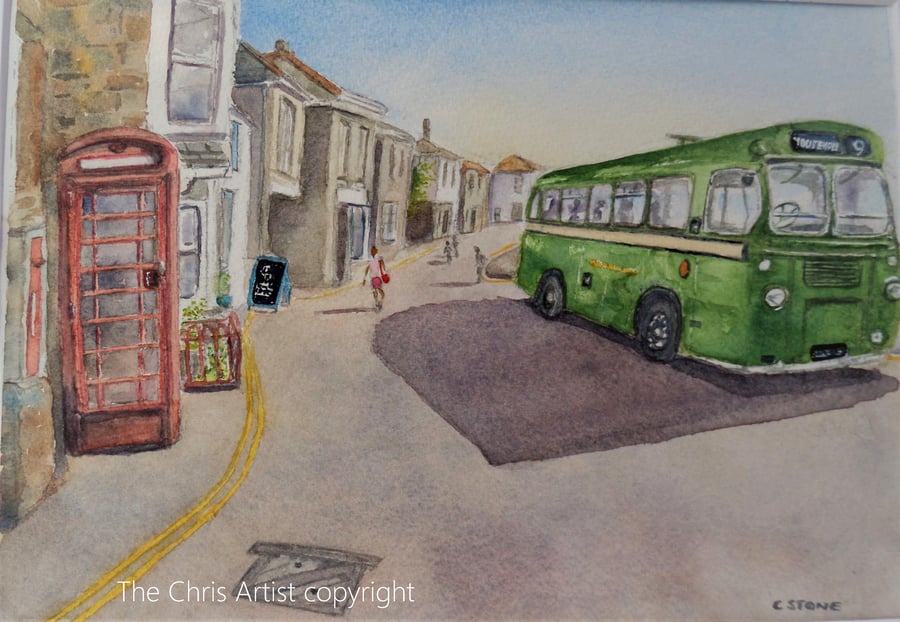 Original watercolour Western National Bristol SU bus at Mousehole Cornwall