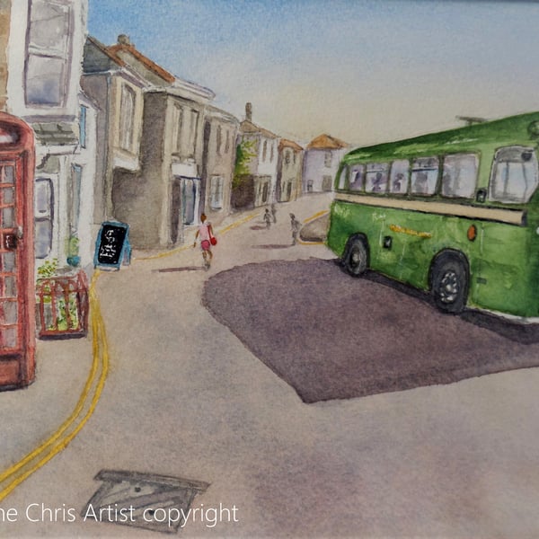 Original watercolour Western National Bristol SU bus at Mousehole Cornwall