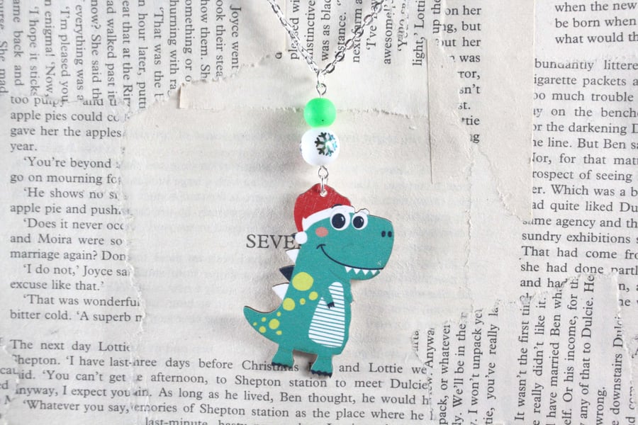 Christmas Dinosaur Snowflake Bead Wooden Necklace