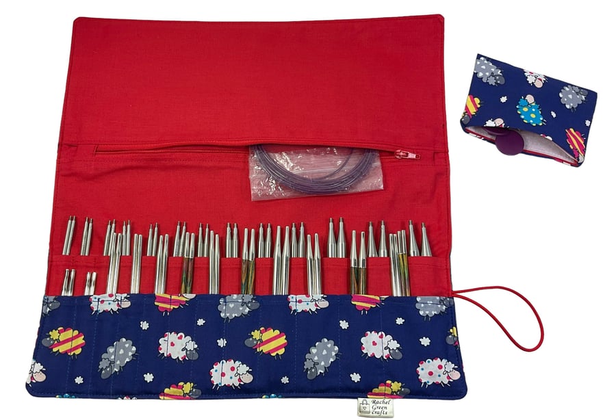 Interchangeable knitting needle case with colourful sheep, 2 sets, addi case, ch