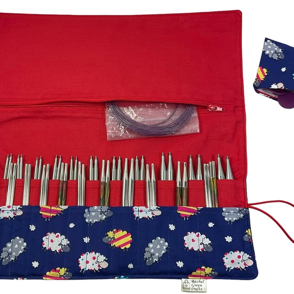 Interchangeable knitting needle case with colourful sheep, 2 sets, addi case, ch