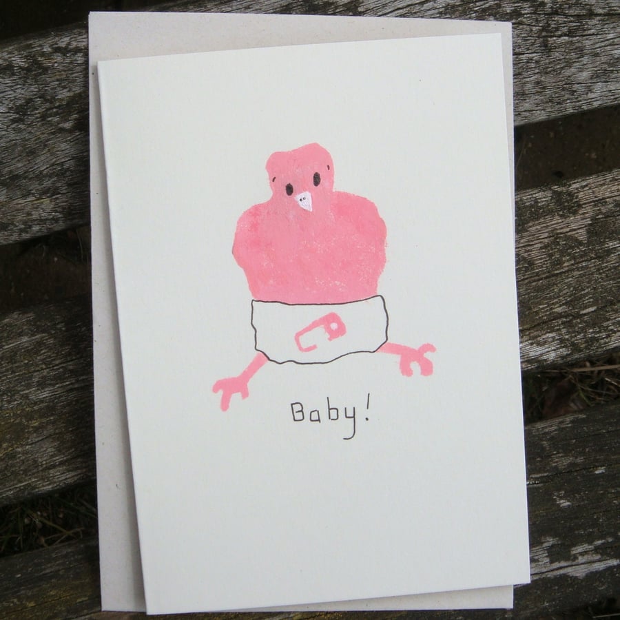 Hand illustrated Baby Card New baby girl pink bird cute Eco recycled