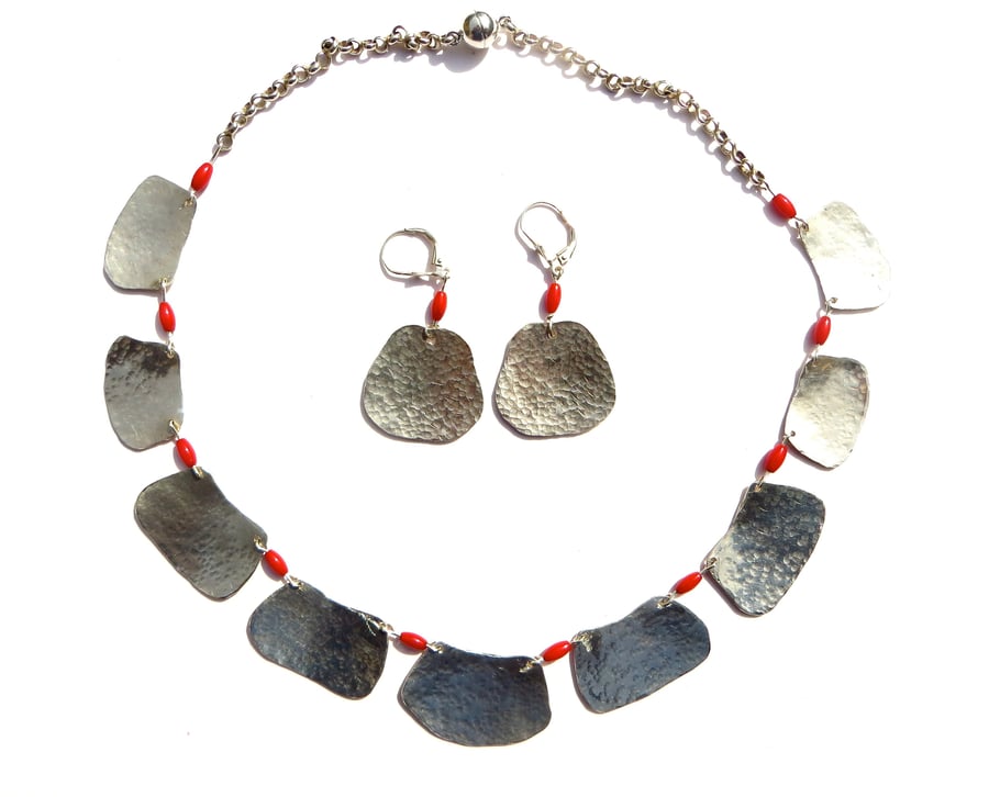 Silver Leaf and Red Coral Necklace with Earrings