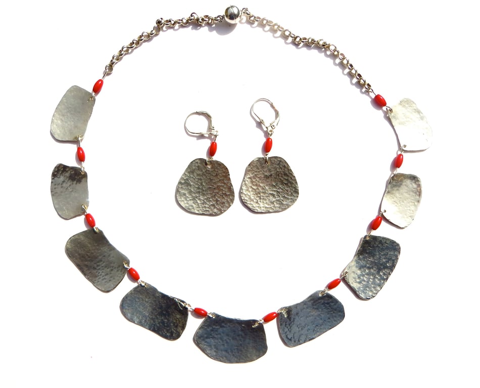 Silver Leaf and Red Coral Necklace with Earrings