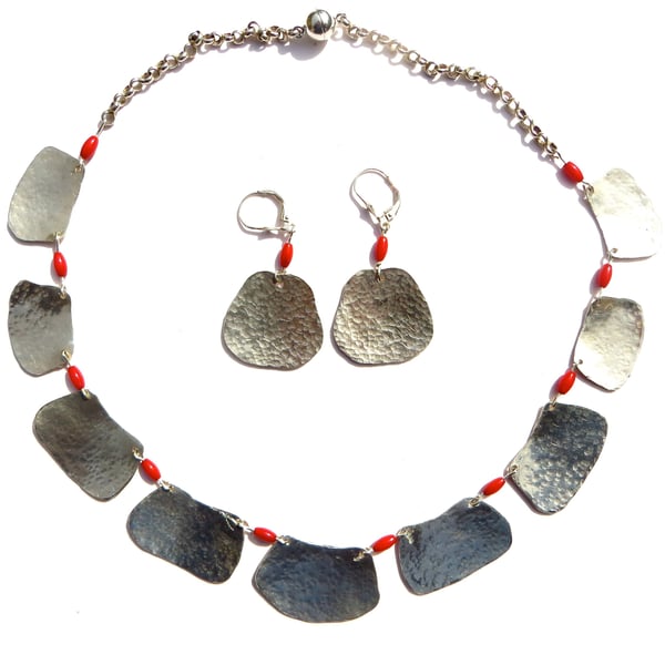 Silver Leaf and Red Coral Necklace with Earrings